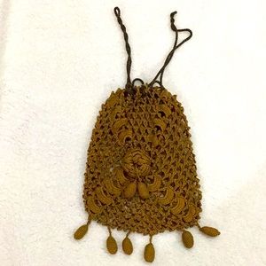 Vintage Victorian Edwardian Brown Handmade Irish Crochet Lace Drawstring Purse